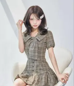 ビッグリボンバルーンチェックミニワンピース