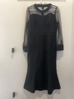 黒 シースルー切り替え長袖ワンピース