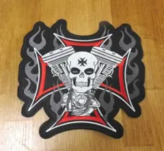 『特大A』黒銀赤■鉄十字髑髏エンジン◆ドクロ　アメリカバイク刺繍ワッペン■DIY