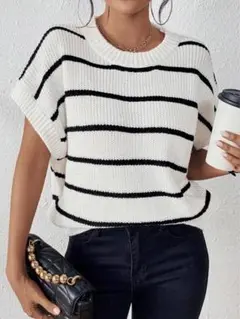 【SHEIN LUNE】ボーダー　 半袖ニットトップス
