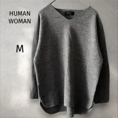 ヒューマンウーマン＊ ニット【M】グレー 七分袖 Vネック レディース シンプル