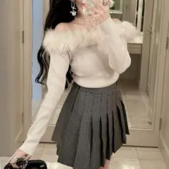 GRL ファーオフショルダーニットトップス