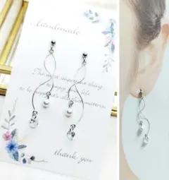 ジルコニア×スワロフスキーパールのシルバーウェーブ　ハンドメイドピアスイヤリング