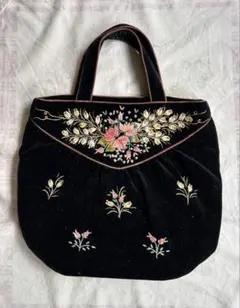 【銀座和光 WAKO】最高峰職人手刺繍 ベルベットハンドバッグ ヴィンテージ 黒のサムネイル