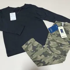 【新品未使用】長袖　Tシャツ　長ズボン　95 上下セット 迷彩　無地　90 黒