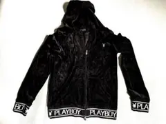 PLAY BOY　黒　フードパーカー 　ベロア　Y2K Мサイズ　ダブルジッパー