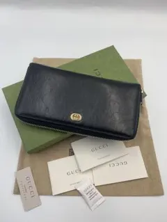 グッチ インターロッキングG レザー ラウンドファスナー 長財布 ブラック系