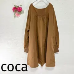 coca コカ　ボートネックギャザーチュニック　キャメル　ワンサイズ体型カバー