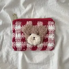 ポーチ　ファスナー　くま　ギンガムチェック　ハンドメイド　編み物　小物入れ