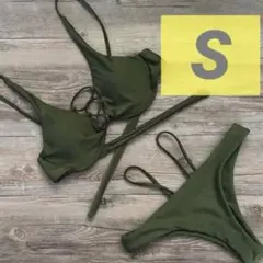 インポート ビキニ シンプル セクシー ビーチ 編み上げ カーキ グリーン L
