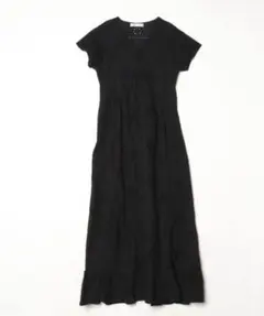 刺繍入り Vネック 半袖 ロングワンピース ブラックのサムネイル