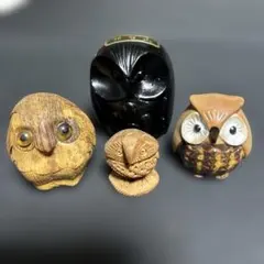 木製、陶器製　フクロウ置物セット