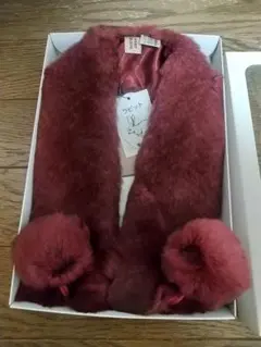 ラビットファー ポンポン付きマフラー バーガンディ