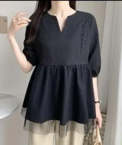 【美品】 ⭐️ABITOKYO ⭐️異素材レイヤード裾⭐️ペプラム風・ブラック⭐️ Lのサムネイル