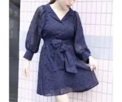 ヘザー　ドット柄ワンピース　紺