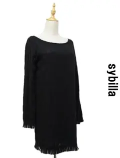 P444/ sybilla ニットミニワンピース シースルー フリンジ 40 黒のサムネイル