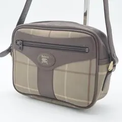 【良品】バーバリー　ショルダーバッグ　ポシェット　レザー　チェック　ブラウン