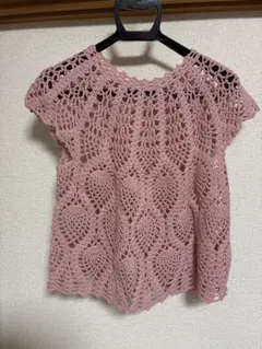 ピンク レース編み トップス フレンチスリーブ　手編み