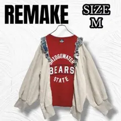 M相当 リメイクトレーナー 異素材ドッキング 赤 バルーン袖 古着 r0145