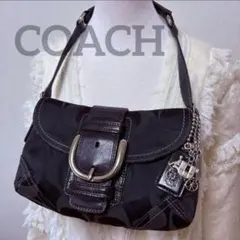美品✨コーチ　ソーホー　シグネチャー　ワンショル　肩がけ　キャンバス　レザー　黒
