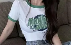 クロップドTシャツ ホワイト/グリーン