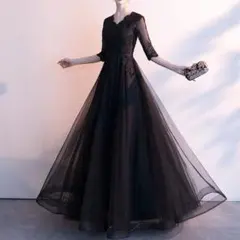 花柄のレースが美しい 5分袖 チュールスカート ロングドレス