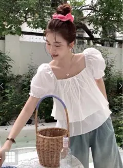 リボンパフスリーブフリルブラウス