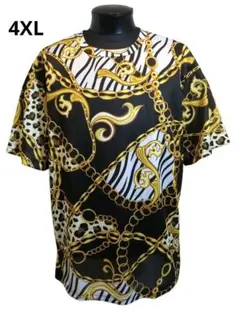 4XL チェーン柄 Tシャツ 大きなサイズ 半袖 黒 ゴールド ゼブラ バロック