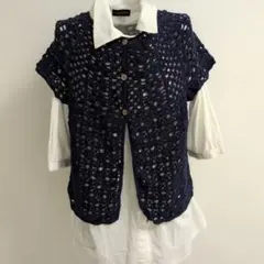 ハンドメイドネイビー かぎ針編み ベスト