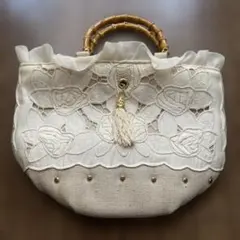 ハンドバッグ　トートバッグ　レース　バンブーハンドル　ベージュ系　春　夏