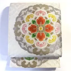 6k1810 袋帯　絹　唐織　正倉院文様　華文　白　銀色　金色　橙色　緑　黄色
