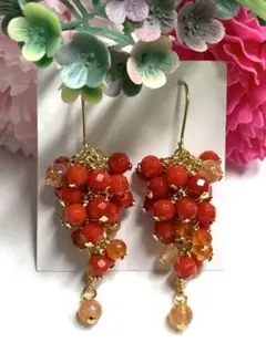 天然石　サンストーン　カーネリアン　赤珊瑚　ピアス　No.A７０４