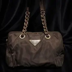 プラダ ミニボストンバッグ トート　三角ロゴ ナイロン ブラウン　PRADA