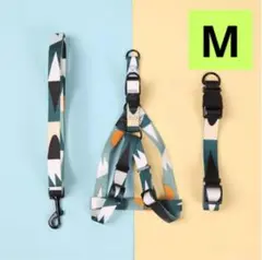 【M】犬ハーネス　首輪リード【セット】グリーンおしゃれカラフル中型大型のサムネイル