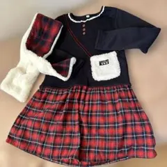 長袖ワンピース ネイビー チェック140 冬女の子ワンピース 美品