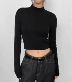 BLACK UP ロアーユーハーフタートルネックリブクロップニット