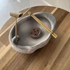 【未使用】　ミニつくばい　手水鉢セット 竹柄杓 剣山付 陶器 水鉢 花器　和風