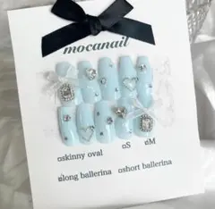 【現品】ネイルチップ 量産型 ワンホン 水色 ガーリー スナ系 韓国 リボン