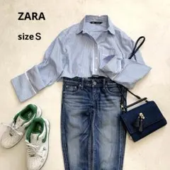 ZARA ザラ　長袖ブラウス　ショート丈　ブルーストライプ　コットン100