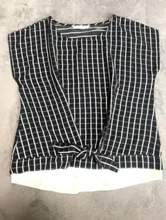Stylecom（風格コム）格紋 短袖上衣 前綁帶 黑白 F 尺寸