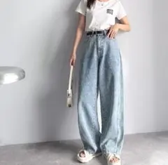 ブルー ハイウエスト ワイドレッグ デニムパンツ Lサイズ