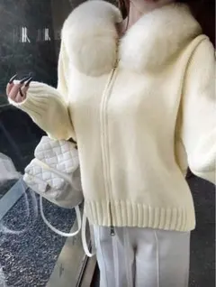 SHEIN ファー付きフードニットジャケット ホワイト