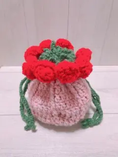 バラ 花束ブーケ 巾着 ポーチ 編み物 ハンドメイド