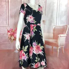 LAURA ASHLEYブラックピンクローズ柄シルクドレスワンピース 11号L