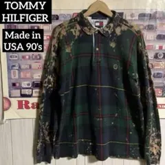 USA製90sフラッグタグTOMMY HILFIGERチェック柄長袖ポロシャツ