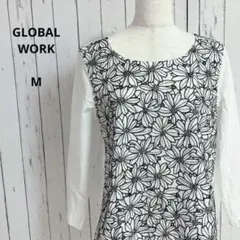 グローバルワーク☆花柄レースブラウス　七分袖　M　白　黒刺繍　バックボタン