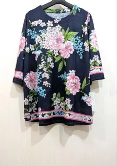 レオナール 花柄 半袖 カットソー チュニック ネイビー フラワー