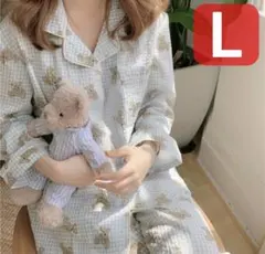 残りわずか ルームウェア レディース パジャマ L 韓国 チェック くま柄