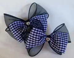 チェック柄　黒リボンヘアクリップ　2個