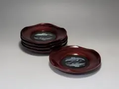 漆器 螺鈿工芸 曇鶴文 茶托 コースター 5客 幅約12.1cm